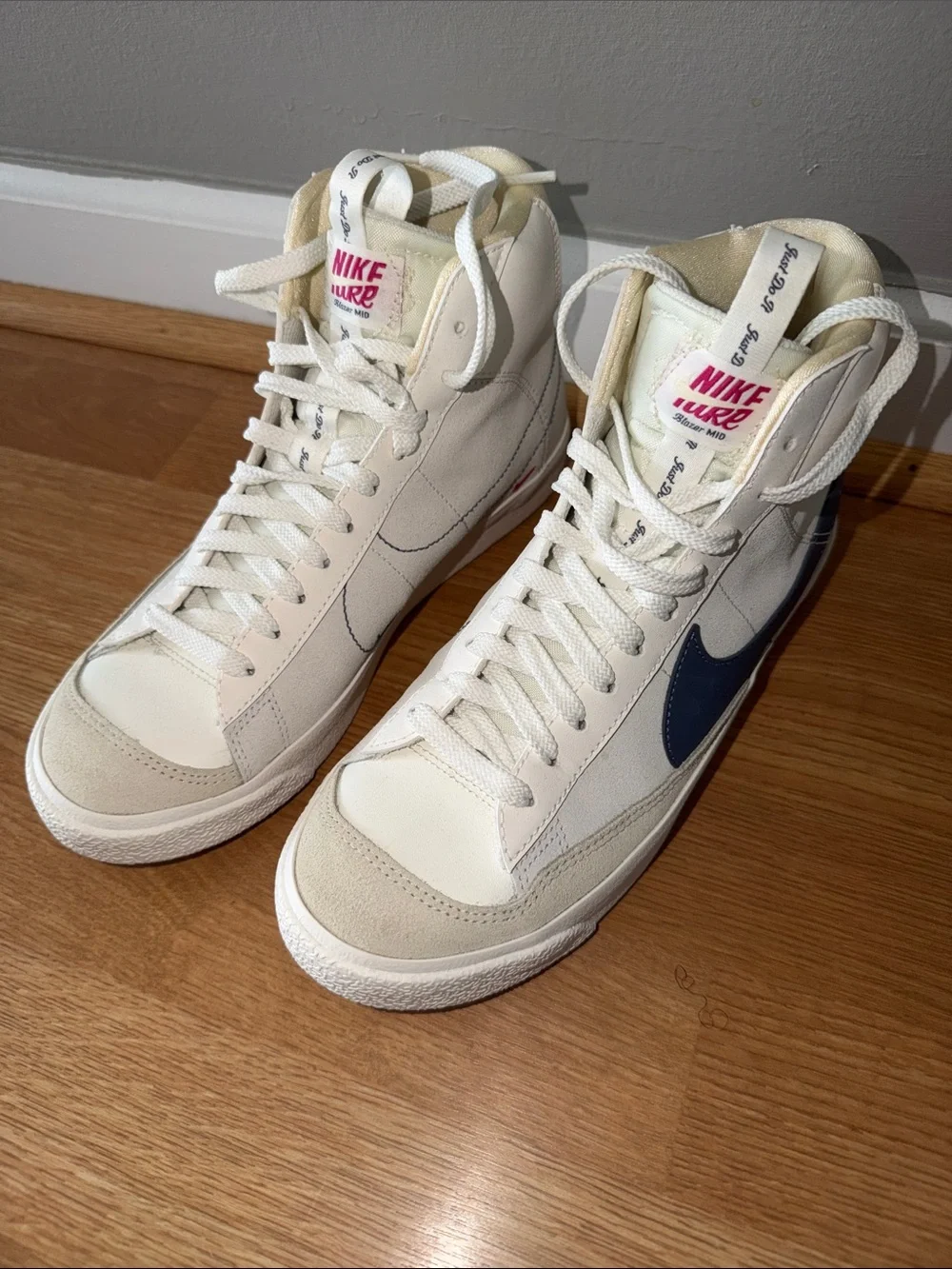 Nike Blazer Mid Vintage Cream with Navy Swoosh and Maroon Outsole